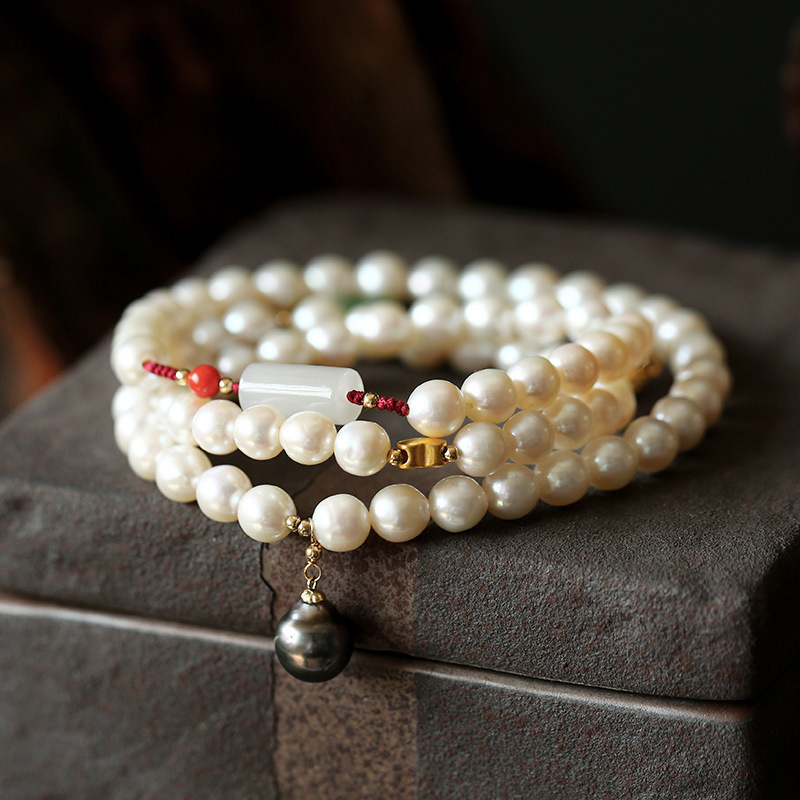 Pure gold K gold handcrafted series pure gold 999 lucky lock heart natural ak nearly round freshwater pearl wound three times bracelet Pure gold K gold handcrafted series pure gold 999 lucky lock heart natural ak nearly round freshwater pearl wound three times bracelet