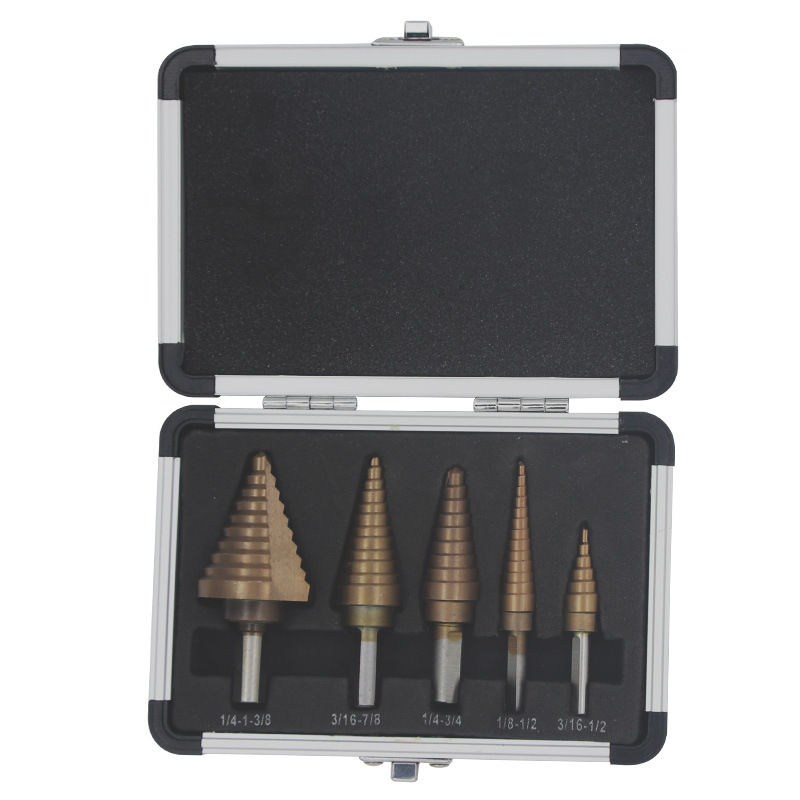 5件铝合金盒装英制宝塔钻三角柄高速钢钢板扩孔开孔阶梯台阶钻头