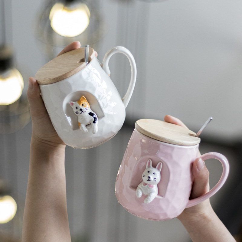 New products of cartoon ceramic Shiba Inu mugs with LIDS, spoon relief dog water cups, breakfast couple cups and office cups are now available