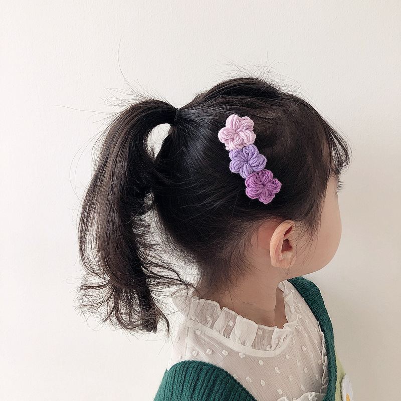Three Flowers' new InS-style gradient color woolen small flower girl style children's hair tie and rubber band edge clip Specification image
