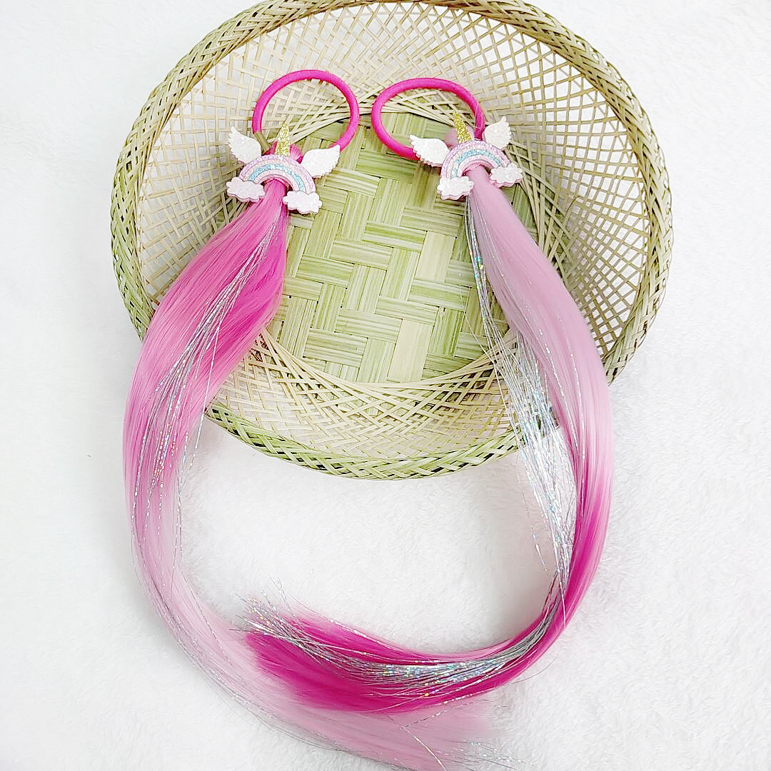 Children's fake hair manual bow color wig ponytail wave waveless waveless connection method manufacturers direct sales full figure