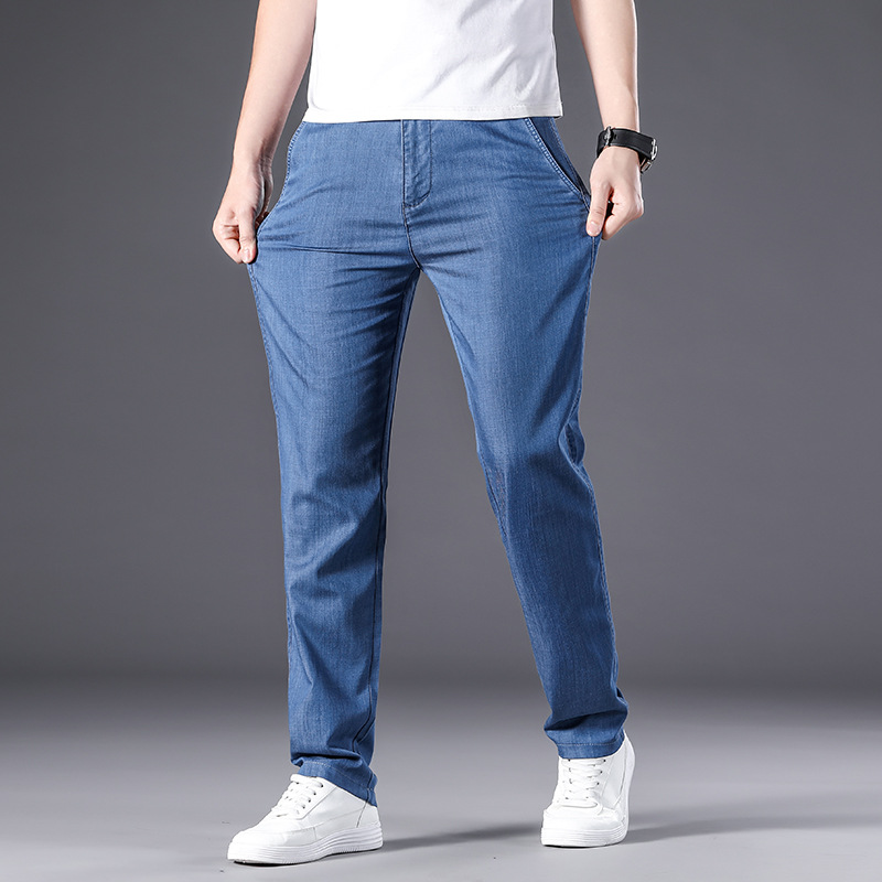 Summer thin jeans, men's Modal business thin dad mid-waist stretch straight loose casual ice silk pants Application Scenario