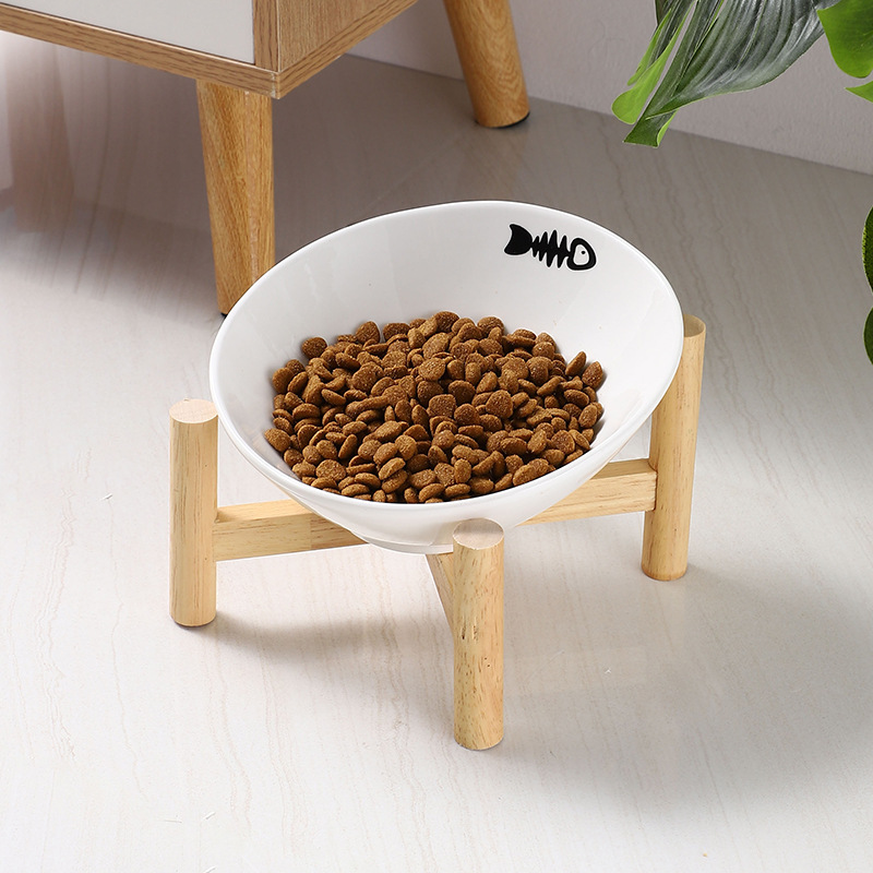 Wooden frame ceramic cat bowl with a slanted mouth and high legs, dog bowl to protect the cervical vertebrae from blackening the chin, pet bowl, food bowl, water bowl, single bowl
