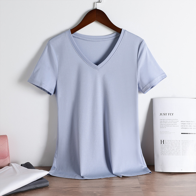Double-sided 80-count mercerized cotton white short-sleeved T-shirt for women, loose round V-neck pure cotton T-shirt, versatile base layer for summer 2022 Application Scenario