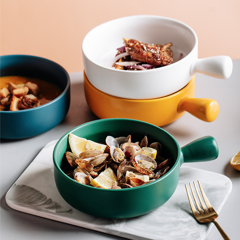 北欧创意手柄碗烤碗焗饭碗陶瓷餐具泡面碗日式带把碗早餐沙拉碗