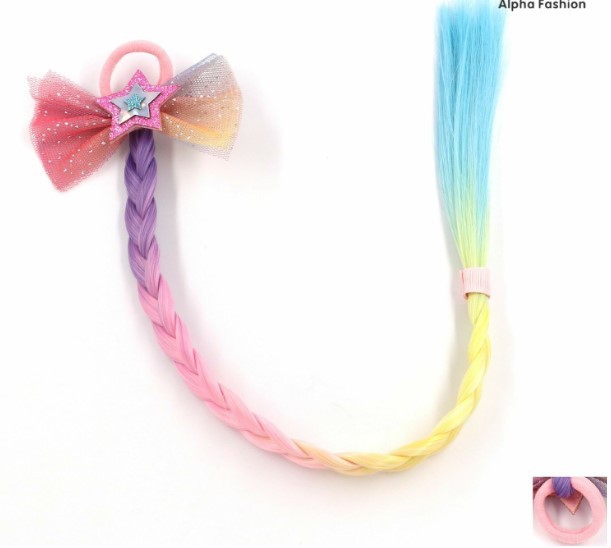European and American lace fake hairpin rainbow wig four gradient braid hair rope hair hoop children's wig colorful bow tie hair hoop Item Picture