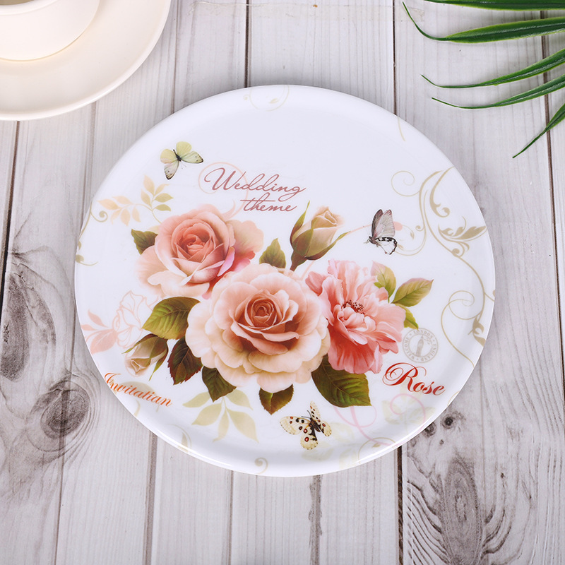 Wholesale Melamine Tableware Circular Heat Insulation Mat Household Tableware Plate Fruit Drink Tray Tray Tea Tray Can Be Customized Patterns Application Scenario