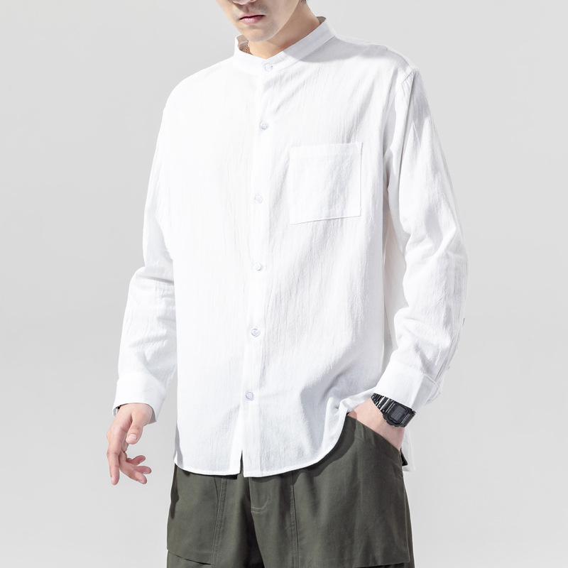 夏季棉麻白色短袖衬衫男士韩版青年中袖衣服休闲帅气七分袖衬衣潮