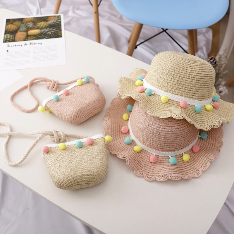 New straw hat children's sun hat, loose change bag set, girls' and babies' travel sun protection hat, summer cool hat