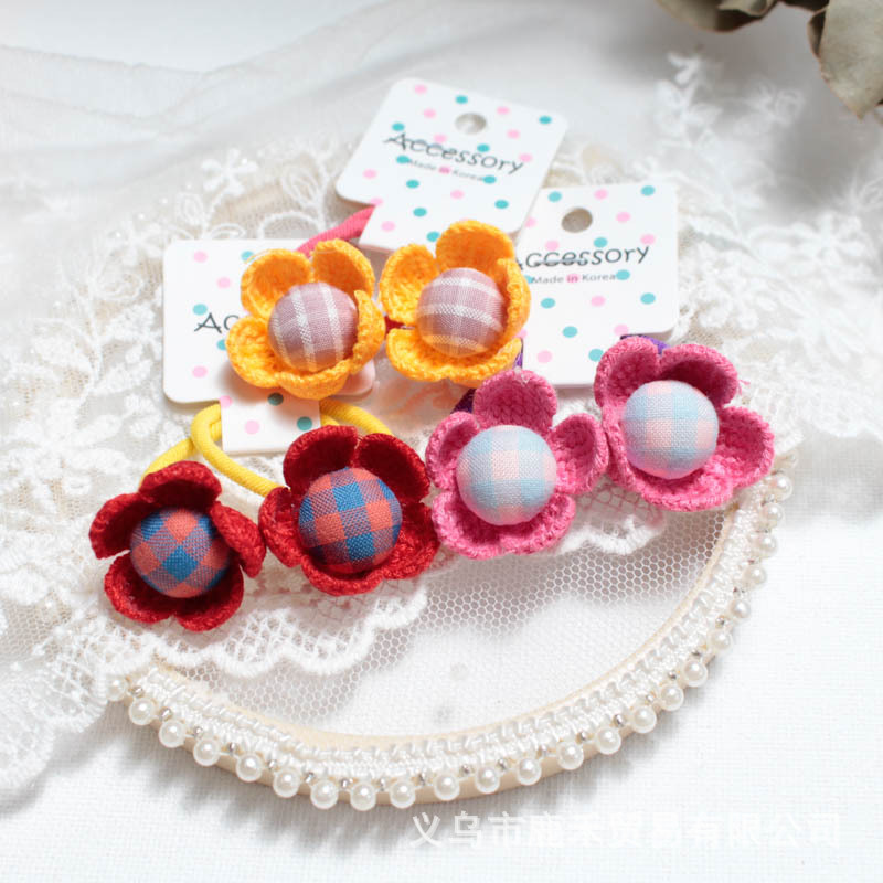 Korean Girl Small Fresh Flower Children Crochet Wool Fabric Check Button Five Flower Rubber Band Small Scrunchie details Picture