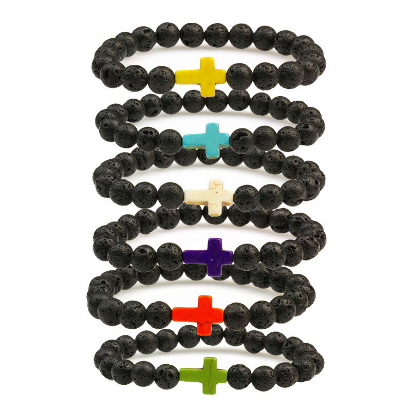Europe And The United States Cross-Border Foreign Trade Amazon Hot Selling Cross Turquoin Bracelet Jewelry Lava Lava Stone Bracelet For Men And Women Couples Gift Manufacturers Wholesale