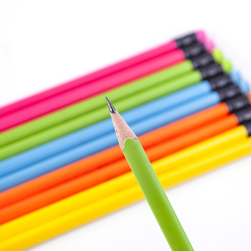 铅笔彩杆 油漆色写字笔 哑光漆 三角 HB铅笔带橡皮 免削铅笔 木质图