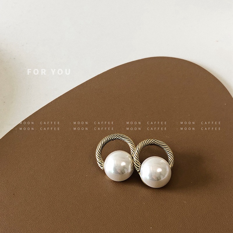韩国东大门代购同款S925银针圆形大珍珠复古百搭气质耳环个性耳钉