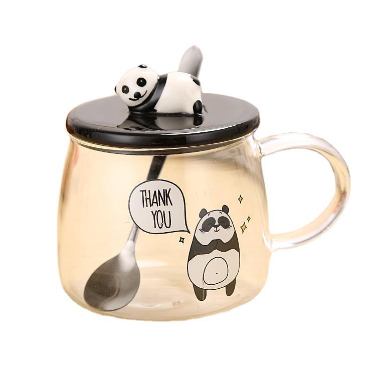Lovol Ceramic Panda Glass Cup with 3D panda lid water cup, high borosilicate glass cup, student gift cup Item Picture
