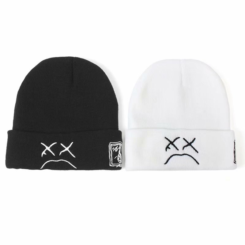 Foreign Trade Hot Winter Lil Peep Embroidery Knitted Hat Sad Face Expression Funny Men And Women All Peas Hat Specification drawing