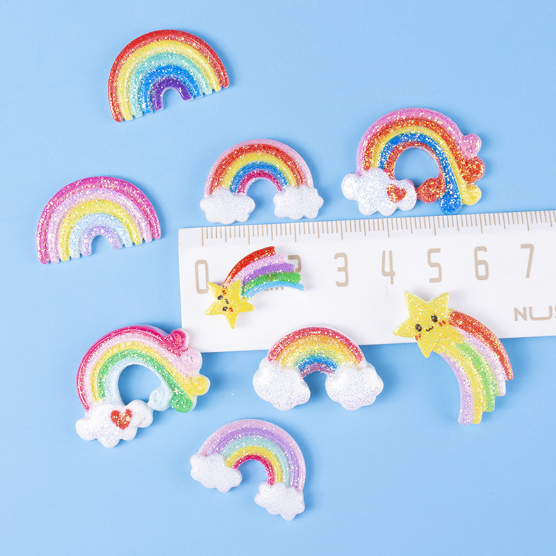 Resin accessories, glitter rainbow, diy children's brooches, hair clips, rubber bands, accessory materials, mobile phone cases, decorative patches details Picture