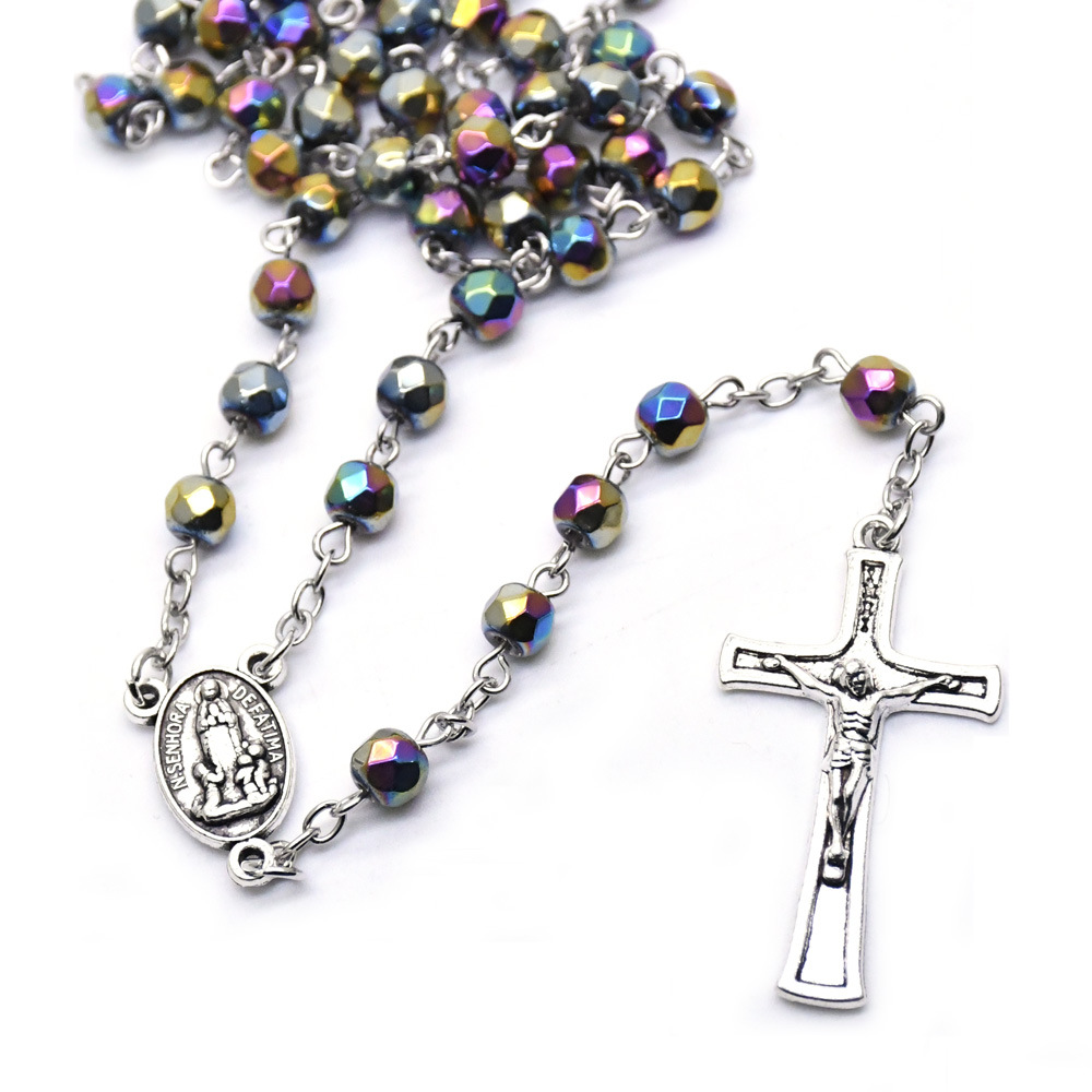 Cross-border e-commerce supply box crystal rosine cross necklace, handcrafted curved needle bead chain accessory 38g Item Picture