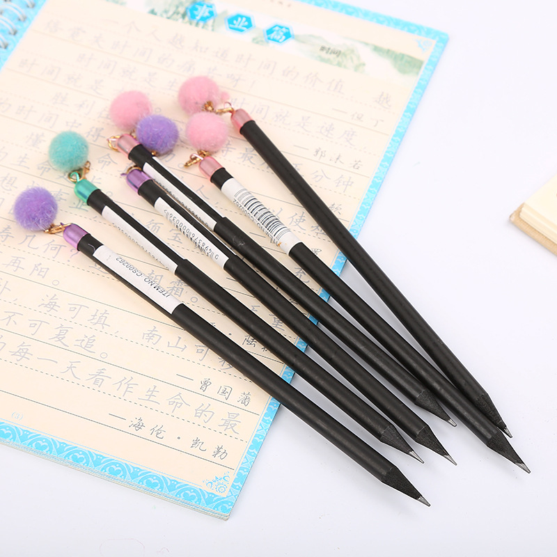 黑木铅笔电镀笔帽带毛毛球铅笔可选颜色精美漂亮赠品礼品铅笔