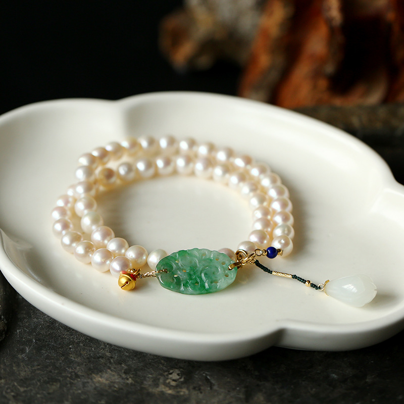 Natural freshwater pearl nearly round jade carved brand 18K gold necklace bracelet for women's pairs, DIY magnolia flower drip details Picture