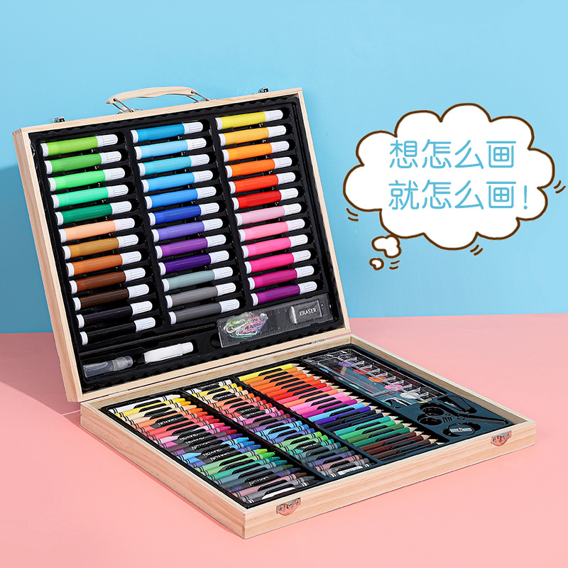厂家直销150色水彩笔套装 儿童画笔绘画工具套装木质画笔礼盒详情图2