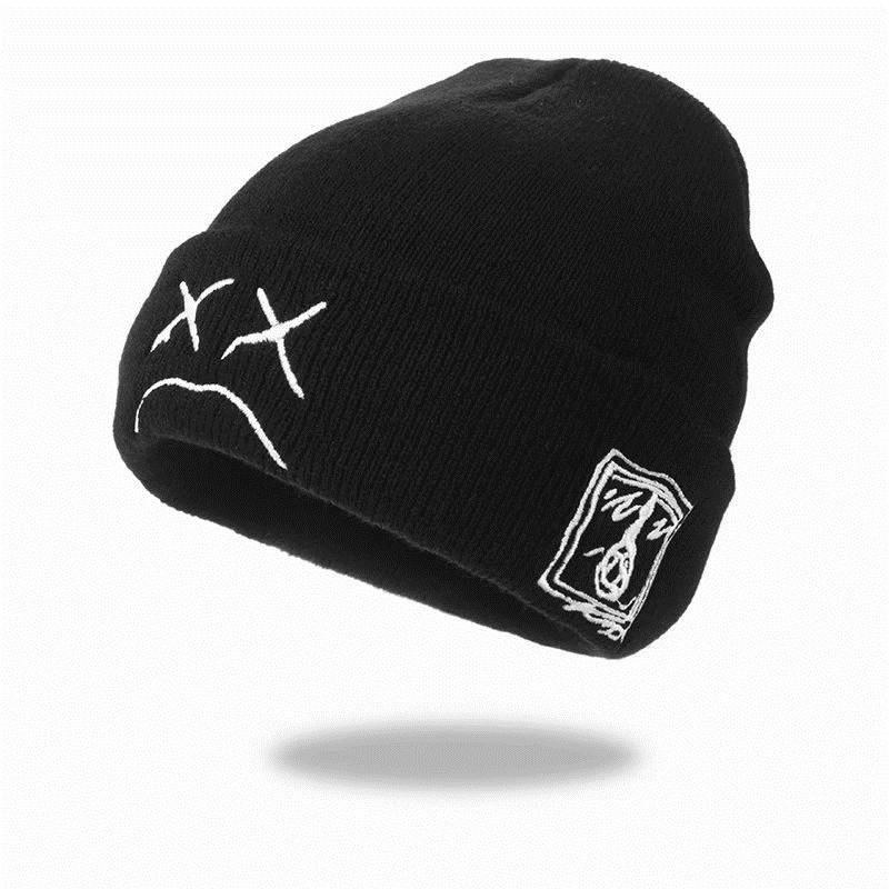 Foreign Trade Hot Winter Lil Peep Embroidery Knitted Hat Sad Face Expression Funny Men And Women All Peas Hat full figure