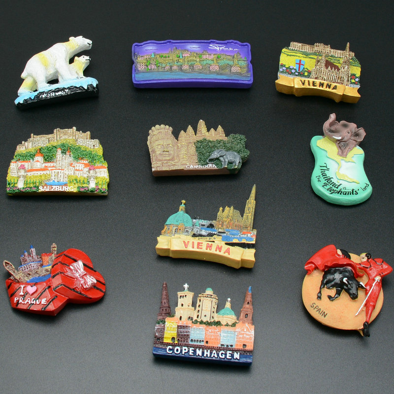 Resin fridge magnets and magnetic tourist souvenirs from Denmark, Thailand, Norway, Vienna, Prague, Czech Republic and Austria