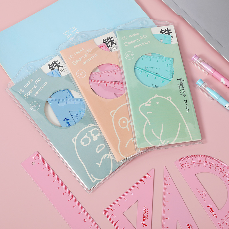 Popular creative iron ruler tool triangle plate set primary school students measure Angle wave straight ruler plastic transparent soft ruler set full figure