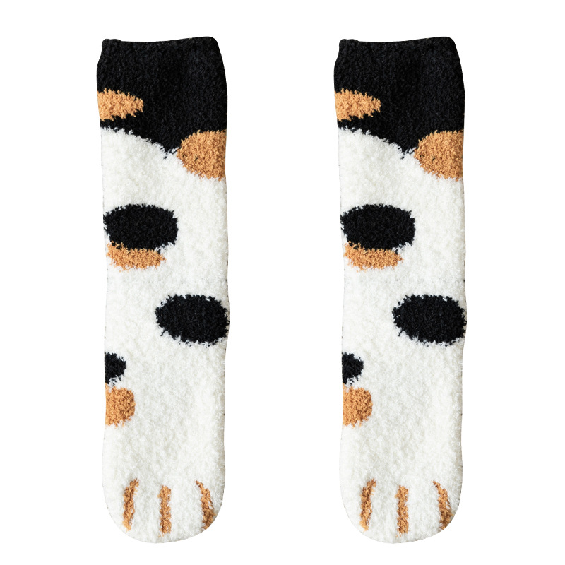 Calcetines mujer coral fleece media calcetines pata de gato pelo cálido otoño invierno engrosamiento fleece fleece dormir calcetines de piso lunares Item Picture