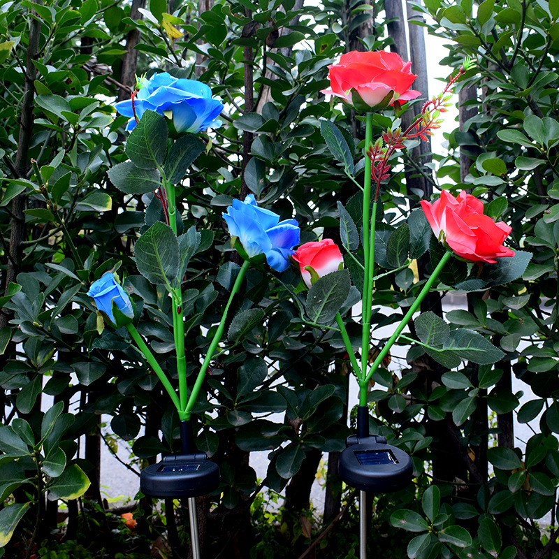 amazon cross-border solar simulation flower lights, rose garden decorative lights, 3-head flower lights, solar lawn lights Specification image