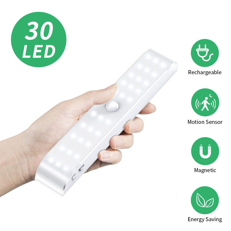 Three-row warm light wardrobe lamp, 30-LED cabinet lamp, human infrared sensor lamp, USB lithium battery rechargeable night light details Picture