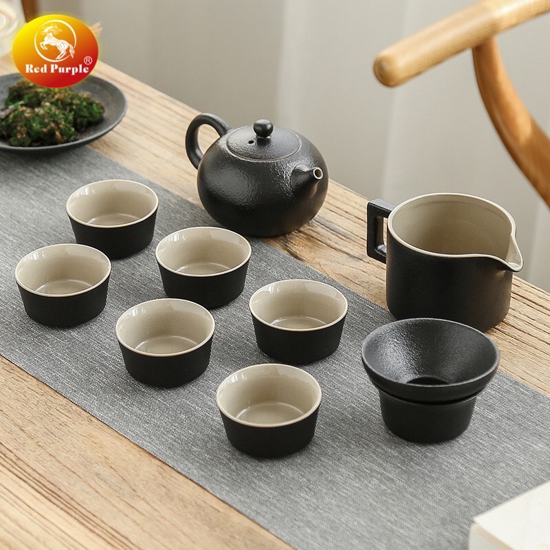 晶致黑陶壶功夫茶具套装家用日式创意石磨茶具陶瓷茶壶茶杯漏图