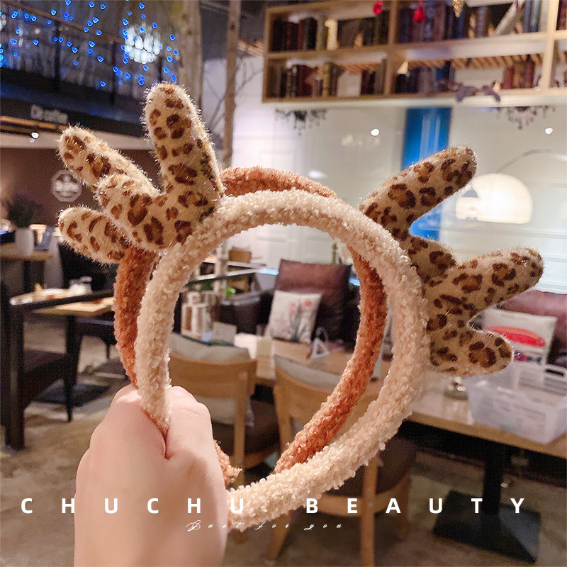 Cute Leopard Print Antler Headband Female Face Wash Headband Internet Red Christmas Hair Carson Tie Korean Headdress Hair Accessories