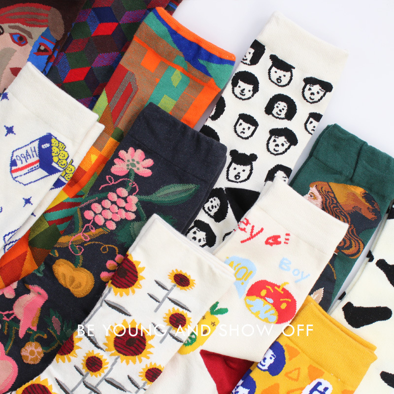 Wholesale of best-selling pure cotton socks, long-leg export socks, mid-leg spring trend oil painting, European and American jk internet-famous high-leg trendy socks Item Picture