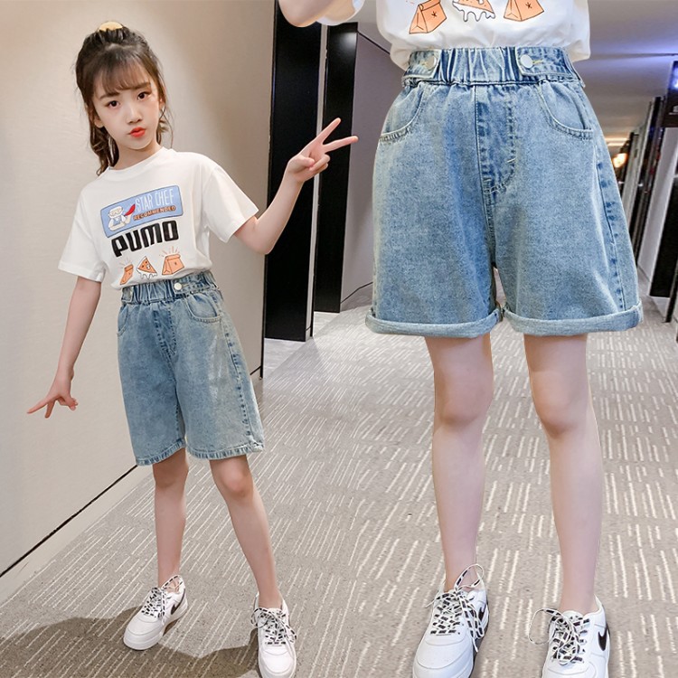 Girls' denim shorts 2022 summer outerwear 5-inch pants, thin and versatile children's shorts, stylish girls' wide-leg pants