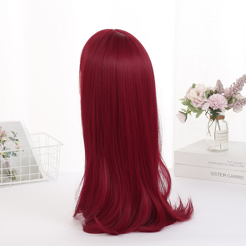 New wine red women's wig with straight bangs, cosplay real photos, long holiday hair cover wholesale Specification image