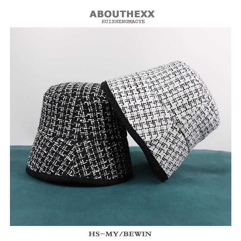 Little Chanel wind hat, children's autumn and winter black and white checkered bucket hat, Korean style versatile fisherman hat, Japanese style casual knitted basin hat