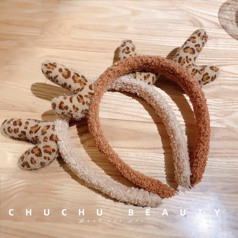 Cute Leopard Print Antler Headband Female Face Wash Headband Internet Red Christmas Hair Carson Tie Korean Headdress Hair Accessories Item Picture