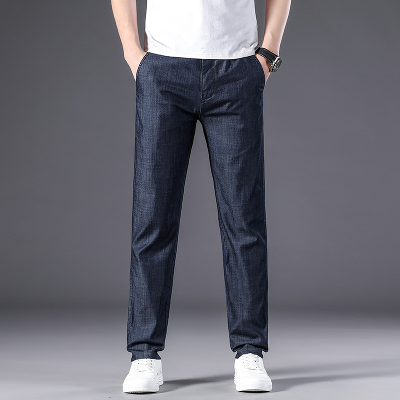 Summer thin jeans, men's Modal business thin dad mid-waist stretch straight loose casual ice silk pants details Picture