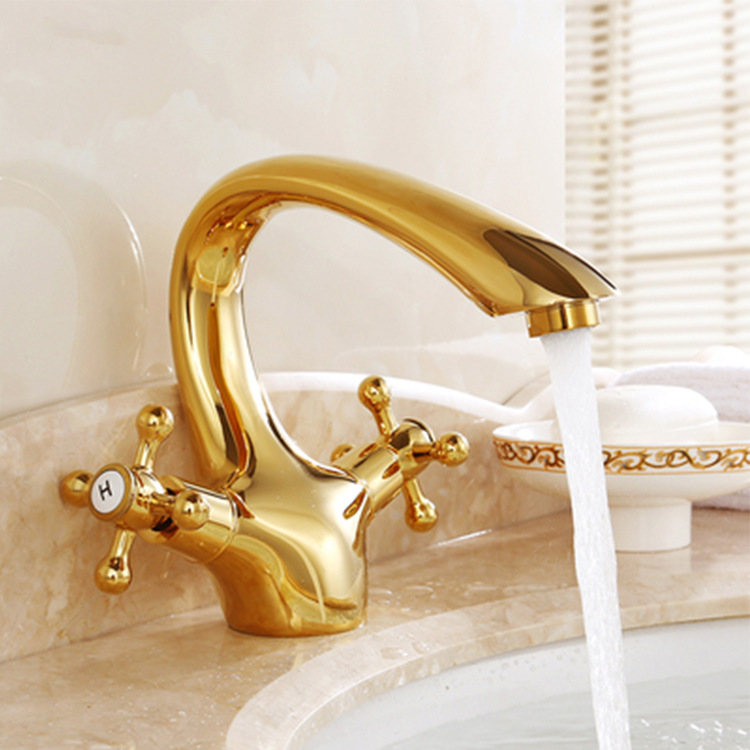 All Copper Hot And Cold Water Faucet European-Style Antique Faucet Bathroom Gold Washbasin Faucet Double Single-Hole Faucet details Picture