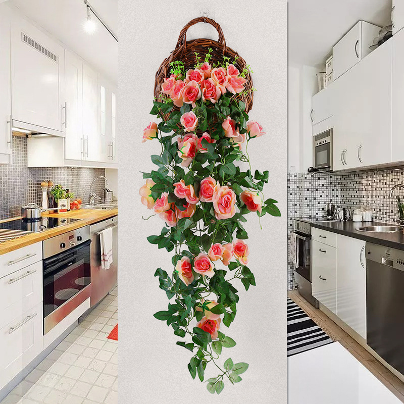 Simulación rosa flores ratán canasta colgante balcón arte floral boda flores falsas ratán plástico sala de estar decoración floral de pared