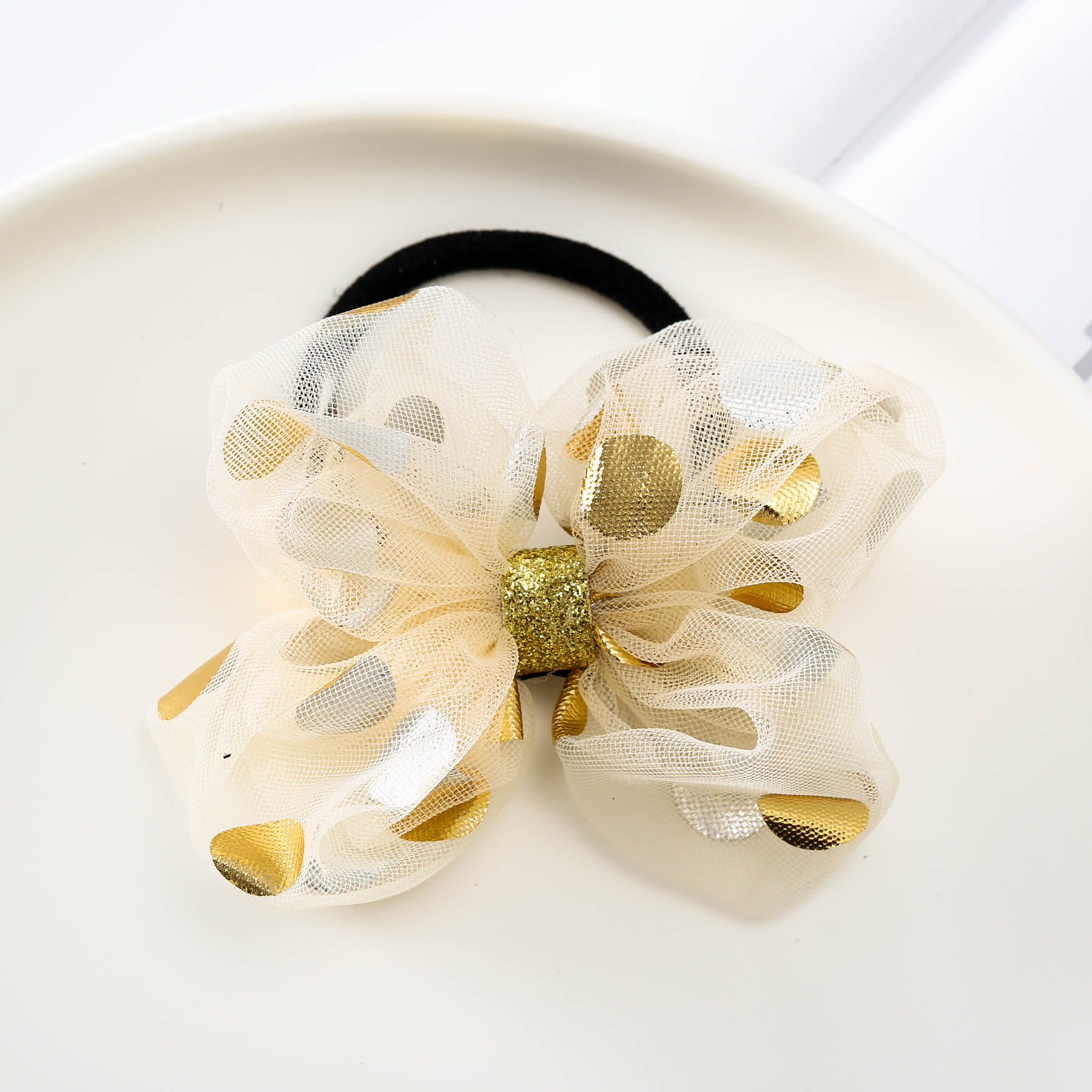 Korean Yarn Children's Hair Accessories Atmospheric Hot Gold Polka Dots Girls Hair Clip Edge Clip Bow Primary School Hair Circle Hair Tie details Picture