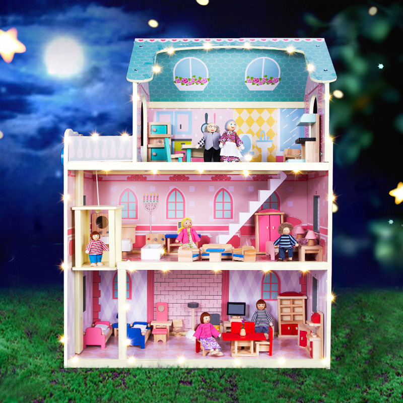 儿童木制质仿真过家家玩具女孩娃娃屋双层别墅公主房家具灯光小屋