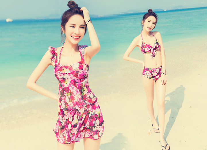 Swimsuit Women's Three-Piece Bikini Steel Buttress Sexy Skirt Beach Belly Cover-Up Swimsuit Dark Rose details Picture