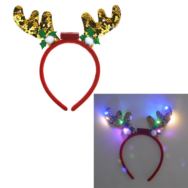 Coollester Glitter Headband 6 Features Sequin Antler Headband 6 Lights Party Push Christmas Headband details Picture