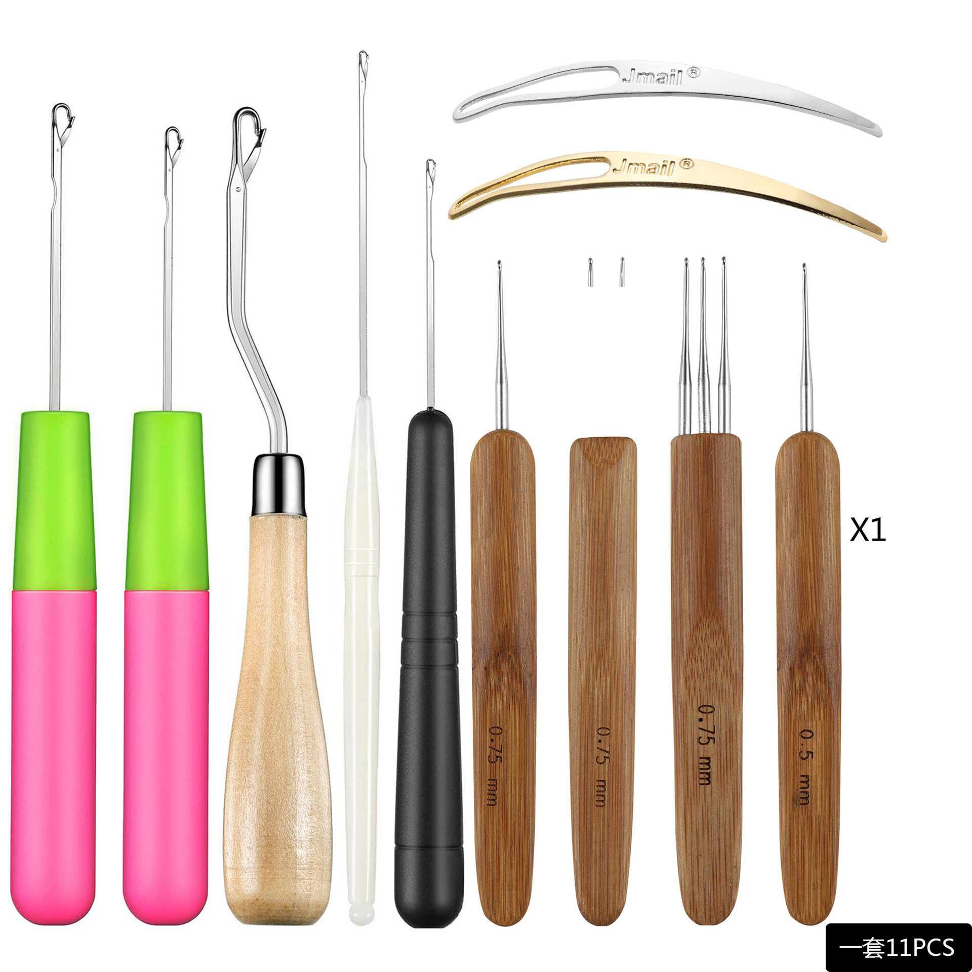 Single-headed, double-headed, triple-headed carbonized bamboo-handled wig crochet, dreadlock crochet, metal threading needle, sweater needle, braid, knitting machine 11 details Picture