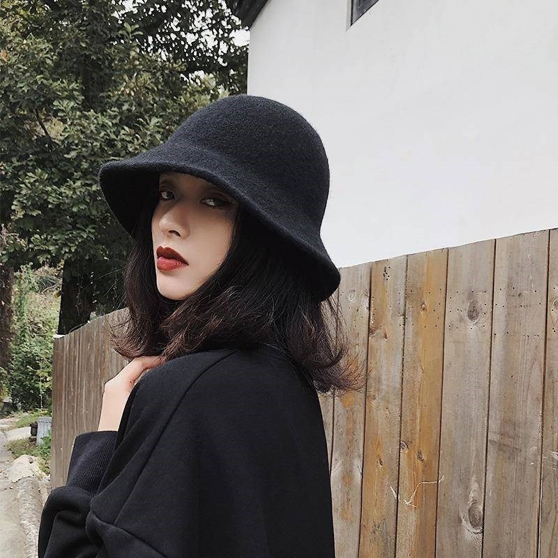 网红款渔夫帽子女秋冬韩版百搭时尚羊毛呢针织英伦潮冬天毛线盆帽