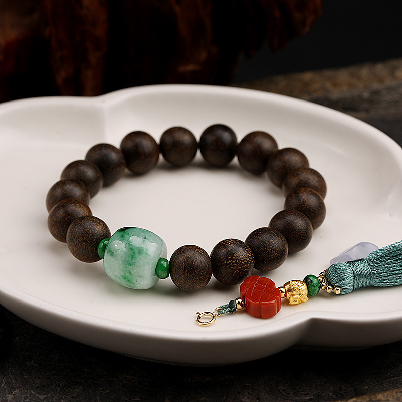 18K pure gold handcrafted pure gold 999 money bag, natural Dala Gan agarwood bracelet, DIY Chinese knot, small drip stream Specification image