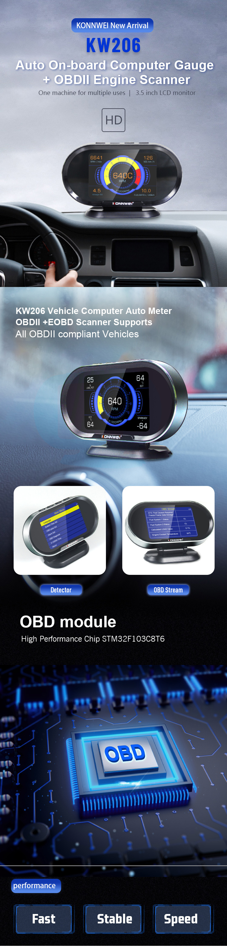 汽车改 装抬头显示器KONNWEI新款KW206汽车故障扫描仪+抬头显示器详情2