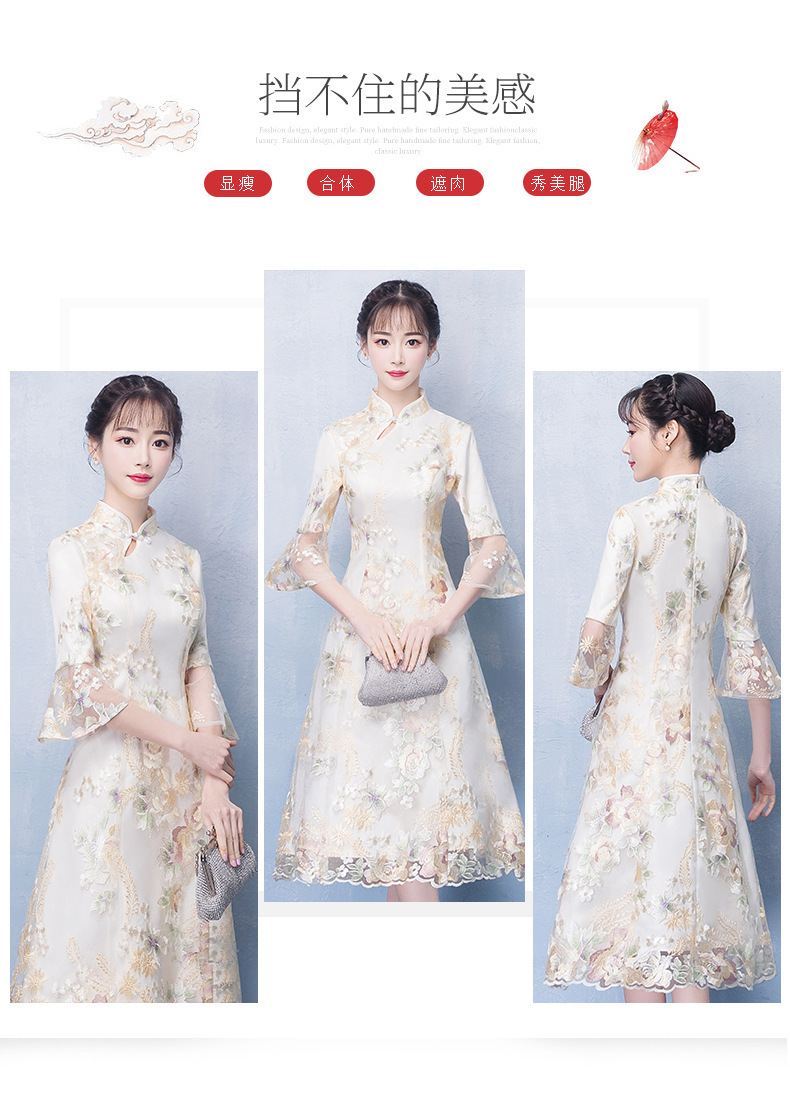 A modern champagne-colored cheongsong-style dress with a Chinese style, featuring a youthful and trendy style for young girls pic 6
