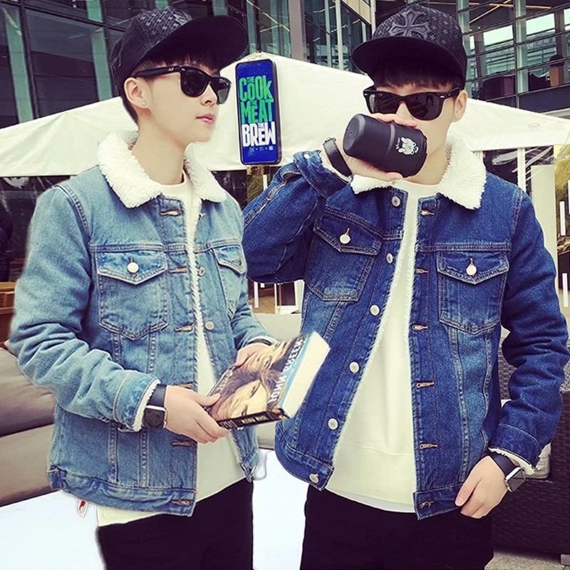 Winter lambskin cotton jacket for men, Korean-style cool, thickened and fleece loose, bf style student couple denim jacket for men